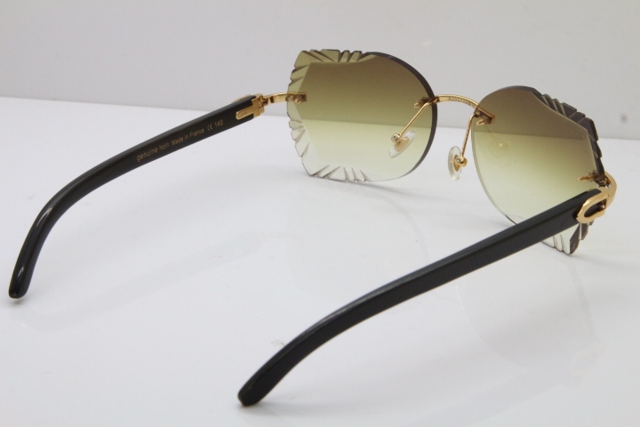 Cartier Rimless Carved Lens Original Black Buffalo Horn 8200762A Sunglasses in Gold Brown Lens New
