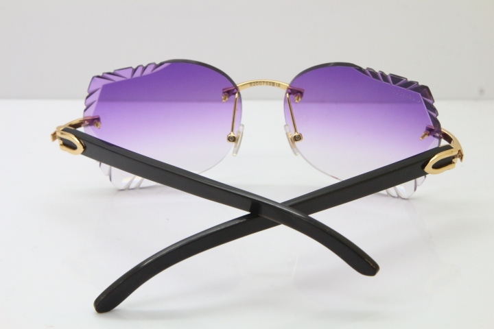 Cartier Rimless Carved Lens Original Black Buffalo Horn 8200762A Sunglasses in Gold Purple Lens New