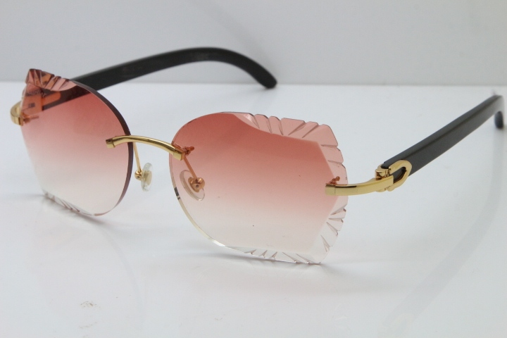 Cartier Rimless Carved Lens Original Black Buffalo Horn 8200762A Sunglasses in Gold Pink Lens New