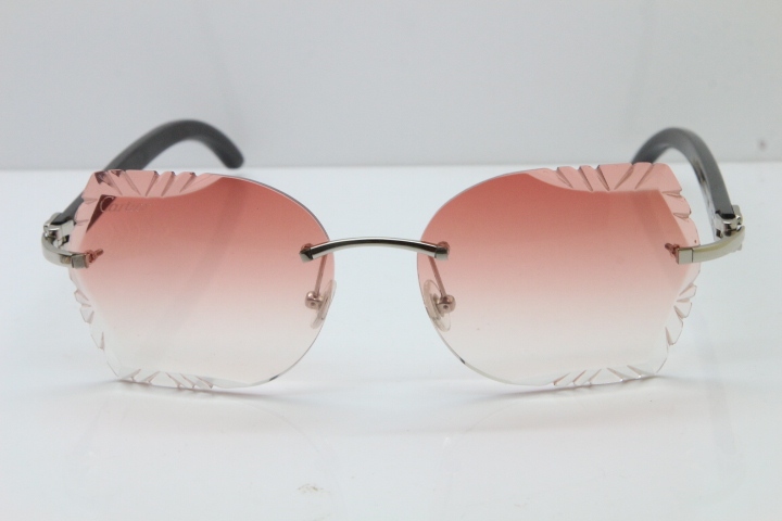 Cartier Rimless Carved Lens Original Black Buffalo Horn 8200762A Sunglasses in Gold Pink Lens New