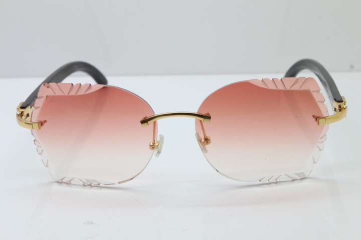 Cartier Rimless Carved Lens Original Black Buffalo Horn 8200762A Sunglasses in Gold Pink Lens New