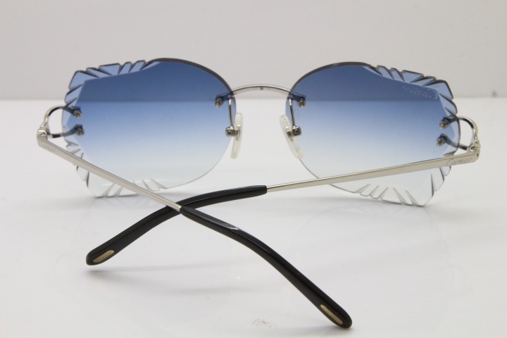 Cartier Rimless Carved Lens 3886172 Sunglasses in Silver Blue Lens New