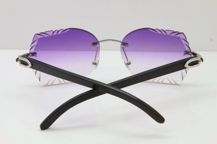 Cartier Rimless Carved Lens Original Black Buffalo Horn 8200762A Sunglasses in Gold Purple Lens New