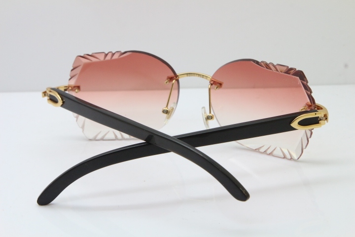 Cartier Rimless Carved Lens Original Black Buffalo Horn 8200762A Sunglasses in Gold Pink Lens New