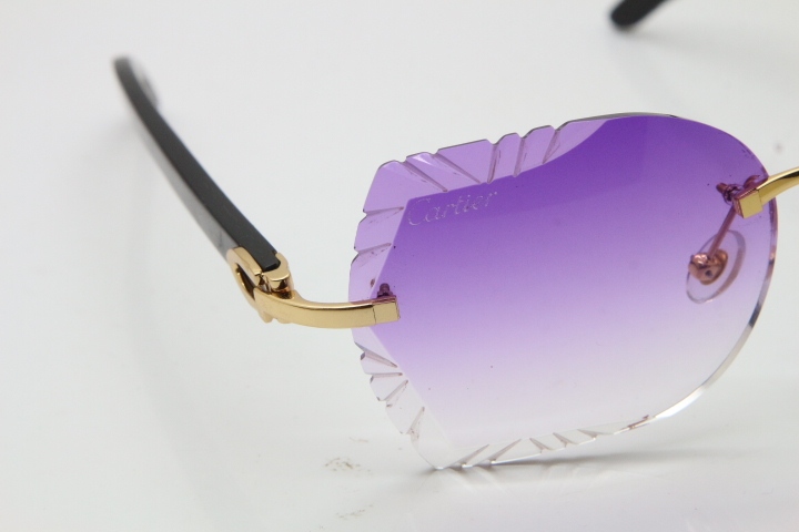 Cartier Rimless Carved Lens Original Black Buffalo Horn 8200762A Sunglasses in Gold Purple Lens New