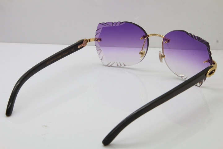 Cartier Rimless Carved Lens Original Black Buffalo Horn 8200762A Sunglasses in Gold Purple Lens New