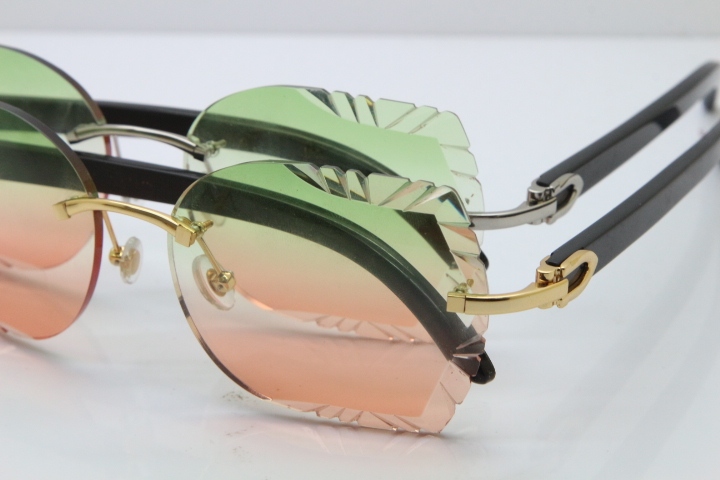 Cartier Rimless Carved Lens Original Black Buffalo Horn 8200762A Sunglasses in Gold Green Mix Brown Lens New