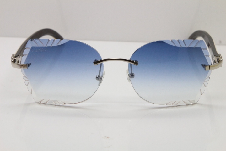 Cartier Rimless Carved Lens Original White Inside Black Buffalo Horn 8200762A Sunglasses in Gold Blue Lens New