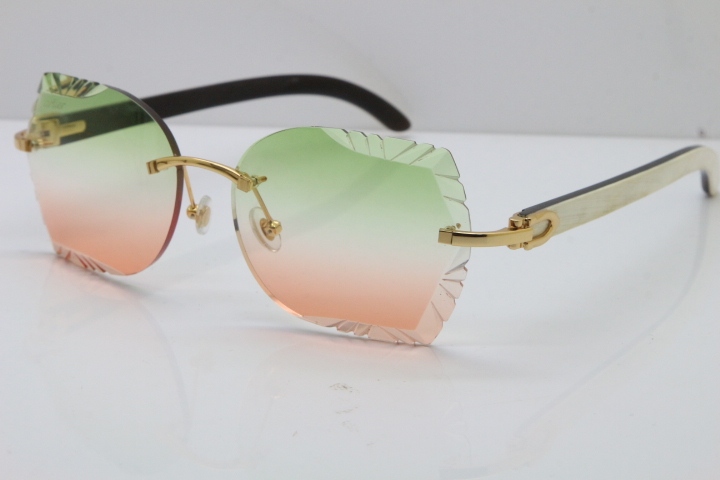 Cartier Rimless Carved Lens Original White Inside Black Buffalo Horn 8200762A Sunglasses in Silver Green Mix Brown Lens New