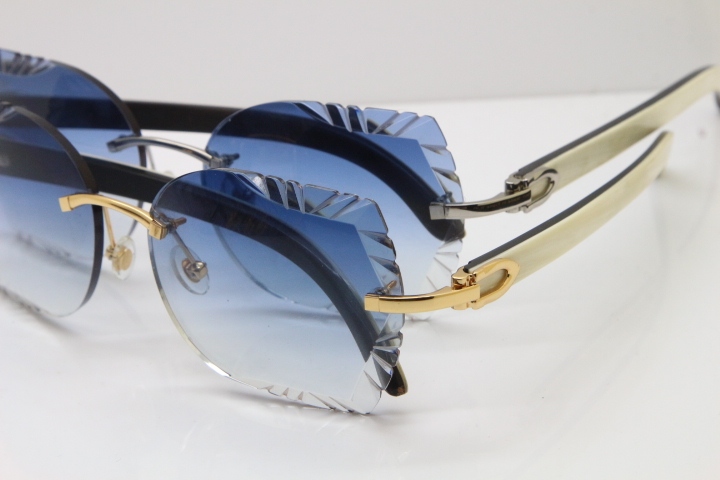 Cartier Rimless Carved Lens Original White Inside Black Buffalo Horn 8200762A Sunglasses in Gold Blue Lens New