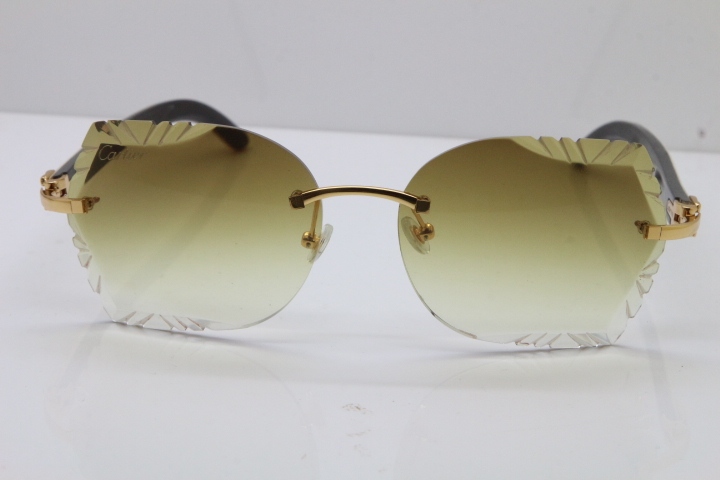 Cartier Rimless Carved Lens Original White Inside Black Buffalo Horn 8200762A Sunglasses in Gold Brown Lens New