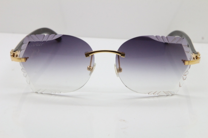 Cartier Rimless Carved Lens Original White Inside Black Buffalo Horn 8200762A Sunglasses in Silver Gray Lens New