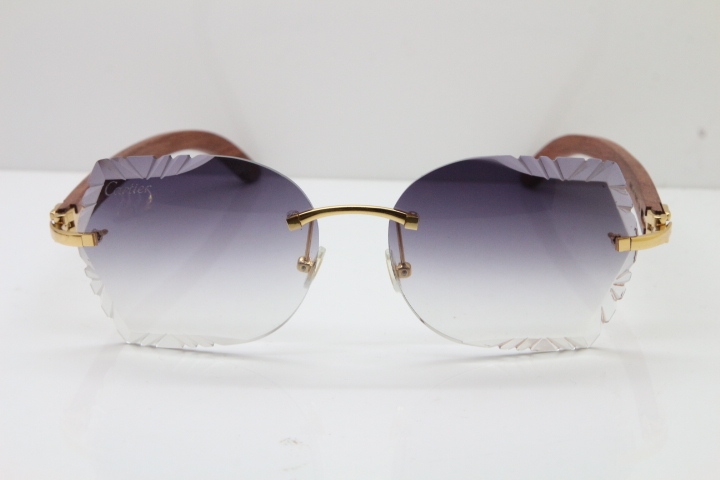 Cartier Rimless Carved Lens Original Wood 8200762A Sunglasses in Gold Gray Lens New
