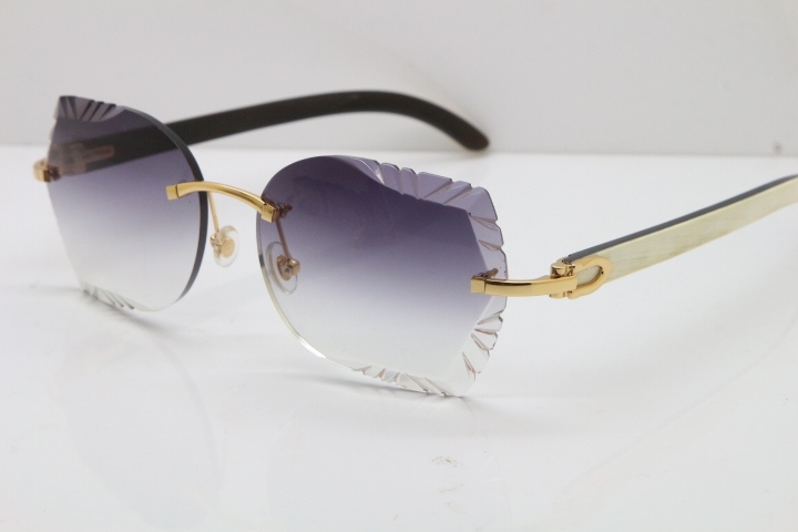 Cartier Rimless Carved Lens Original White Inside Black Buffalo Horn 8200762A Sunglasses in Silver Gray Lens New