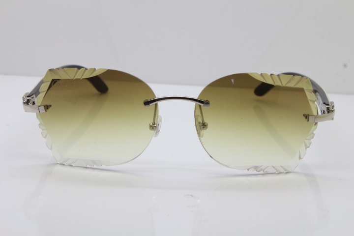 Cartier Rimless Carved Lens Original White Inside Black Buffalo Horn 8200762A Sunglasses in Gold Brown Lens New