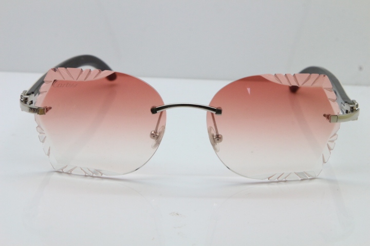 Cartier Rimless Carved Lens Original White Inside Black Buffalo Horn 8200762A Sunglasses in Silver Pink Lens New