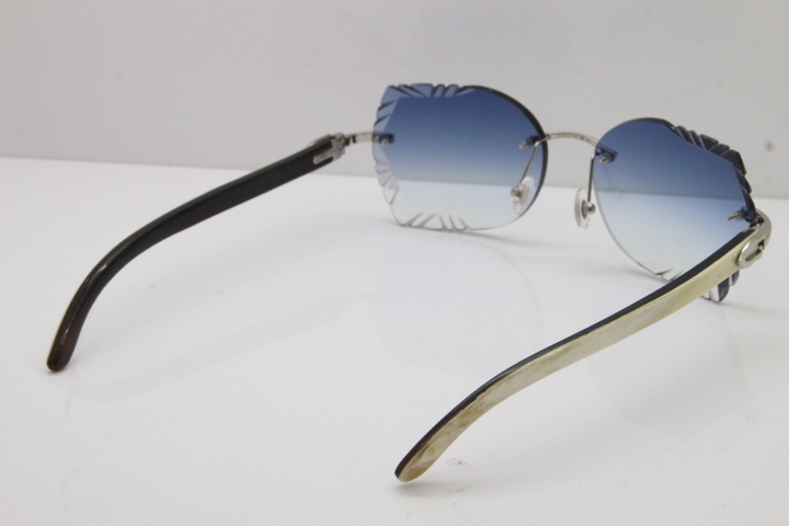 Cartier Rimless Carved Lens Original White Inside Black Buffalo Horn 8200762A Sunglasses in Gold Blue Lens New