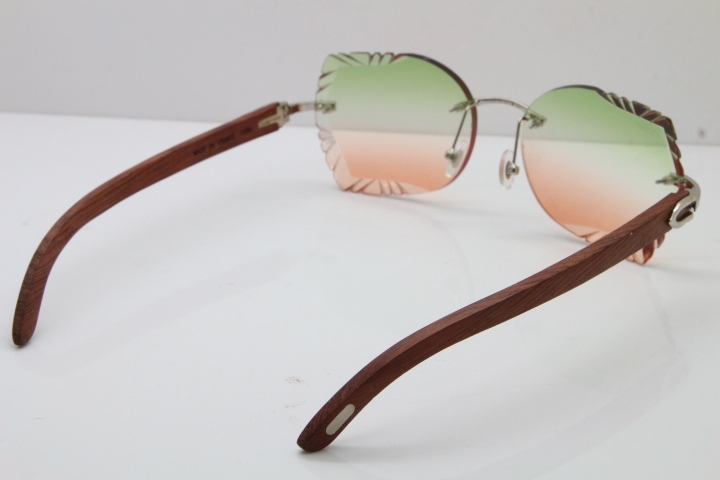 Cartier Rimless Carved Lens Original Wood 8200762A Sunglasses in Gold Green Mix Brown Lens New