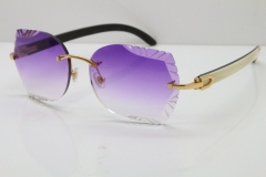 Cartier Rimless Carved Lens Original White Inside Black Buffalo Horn 8200762A Sunglasses in Silver Purple Lens New