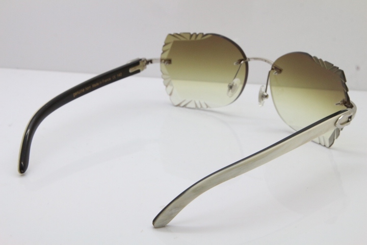 Cartier Rimless Carved Lens Original White Inside Black Buffalo Horn 8200762A Sunglasses in Gold Brown Lens New