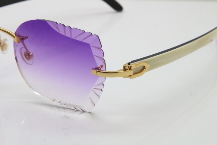 Cartier Rimless Carved Lens Original White Inside Black Buffalo Horn 8200762A Sunglasses in Silver Purple Lens New