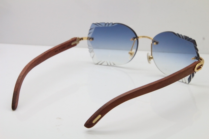 Cartier Rimless Carved Lens Original Wood 8200762A Sunglasses in Gold Blue Lens New