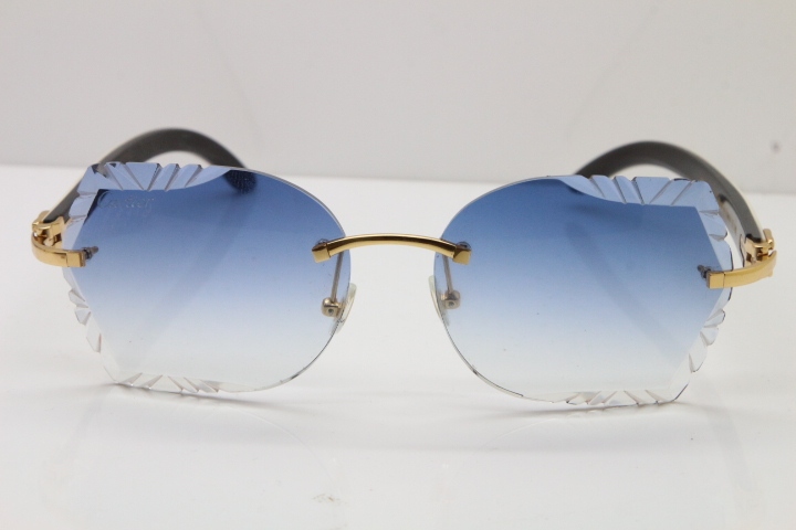 Cartier Rimless Carved Lens Original White Inside Black Buffalo Horn 8200762A Sunglasses in Gold Blue Lens New