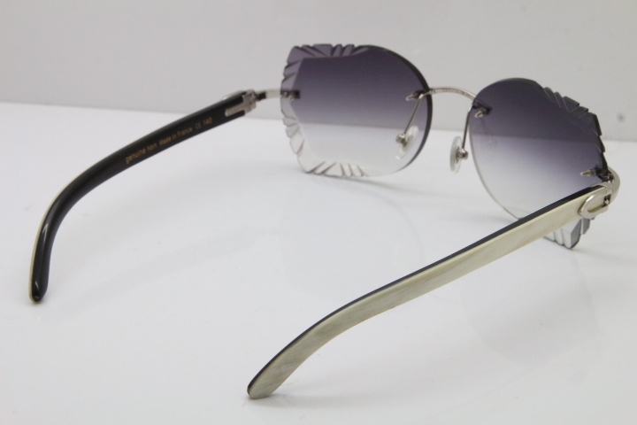 Cartier Rimless Carved Lens Original White Inside Black Buffalo Horn 8200762A Sunglasses in Silver Gray Lens New