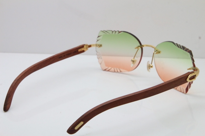 Cartier Rimless Carved Lens Original Wood 8200762A Sunglasses in Gold Green Mix Brown Lens New