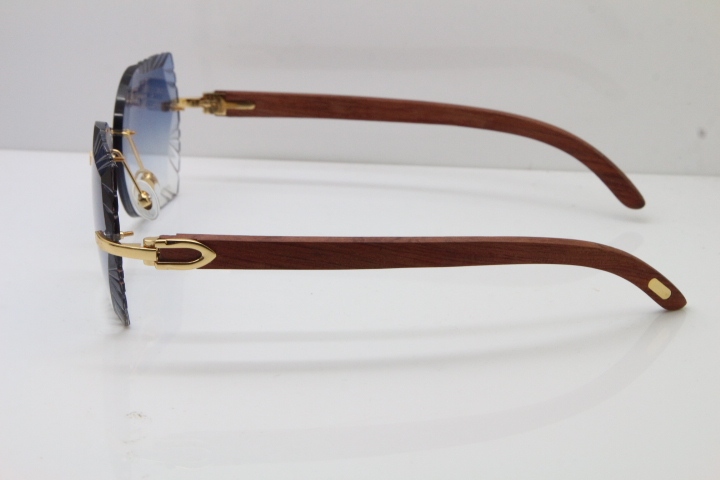 Cartier Rimless Carved Lens Original Wood 8200762A Sunglasses in Gold Blue Lens New