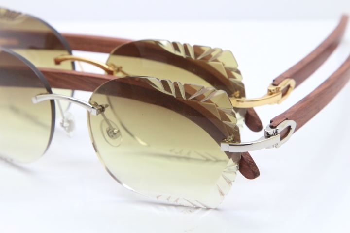 Cartier Rimless Carved Lens Original Wood 8200762A Sunglasses in Gold Brown Lens New