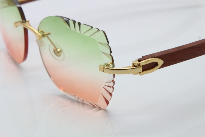 Cartier Rimless Carved Lens Original Wood 8200762A Sunglasses in Gold Green Mix Brown Lens New