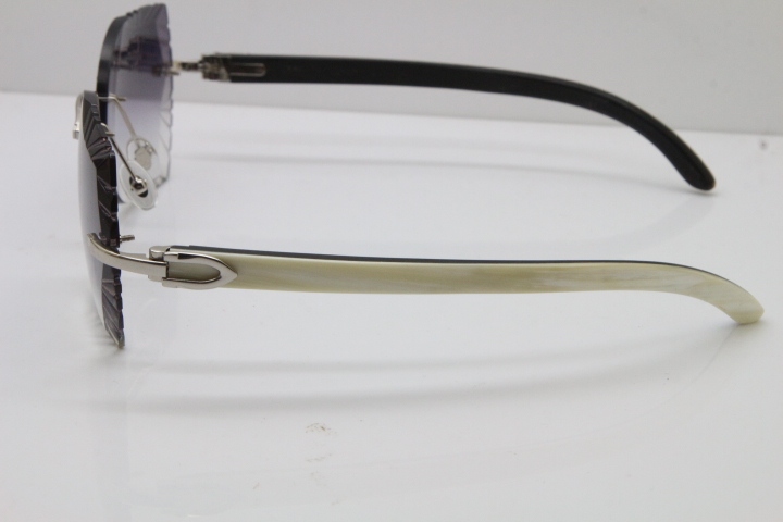 Cartier Rimless Carved Lens Original White Inside Black Buffalo Horn 8200762A Sunglasses in Silver Gray Lens New