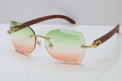 Cartier Rimless Carved Lens Original Wood 8200762A Sunglasses in Gold Green Mix Brown Lens New