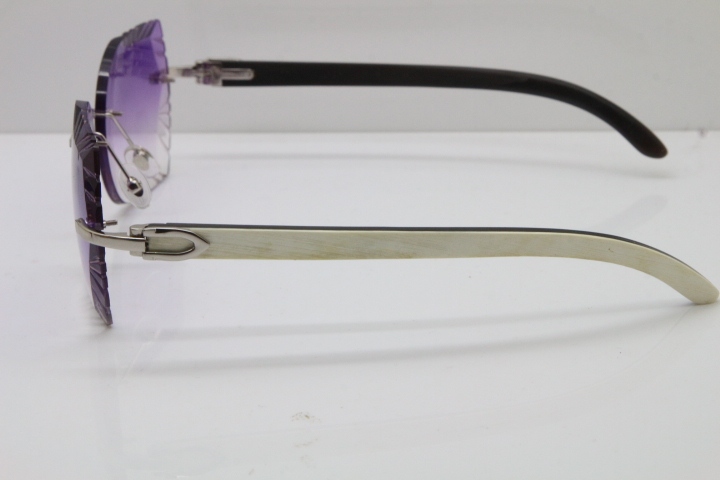 Cartier Rimless Carved Lens Original White Inside Black Buffalo Horn 8200762A Sunglasses in Silver Purple Lens New