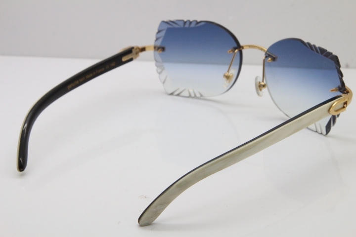 Cartier Rimless Carved Lens Original White Inside Black Buffalo Horn 8200762A Sunglasses in Gold Blue Lens New