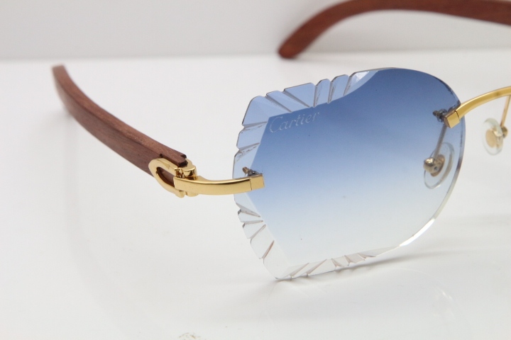 Cartier Rimless Carved Lens Original Wood 8200762A Sunglasses in Gold Blue Lens New