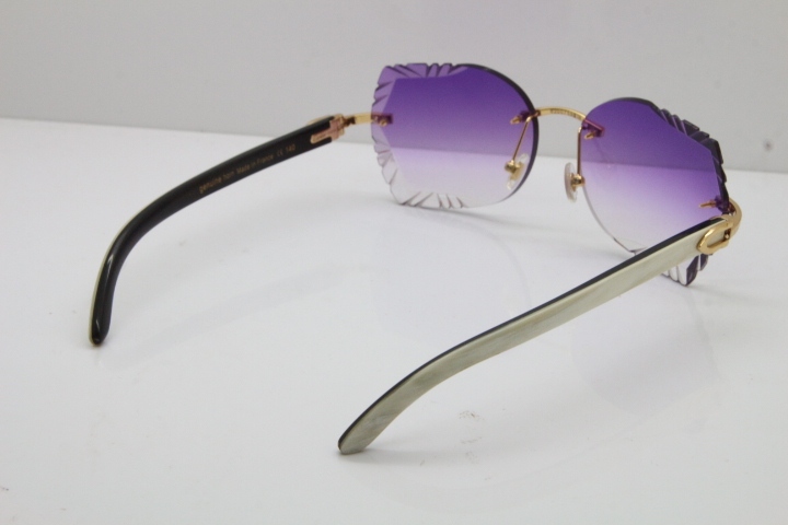 Cartier Rimless Carved Lens Original White Inside Black Buffalo Horn 8200762A Sunglasses in Silver Purple Lens New