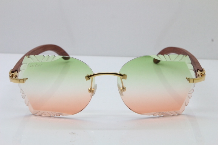 Cartier Rimless Carved Lens Original Wood 8200762A Sunglasses in Gold Green Mix Brown Lens New