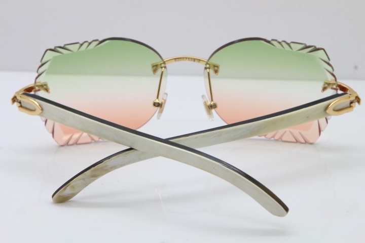 Cartier Rimless Carved Lens Original White Inside Black Buffalo Horn 8200762A Sunglasses in Silver Green Mix Brown Lens New