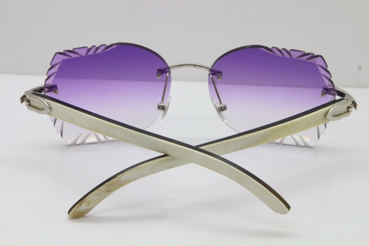 Cartier Rimless Carved Lens Original White Inside Black Buffalo Horn 8200762A Sunglasses in Silver Purple Lens New