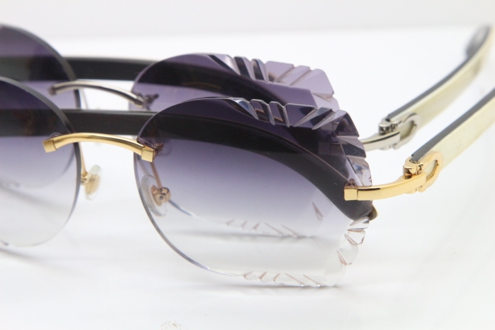 Cartier Rimless Carved Lens Original White Inside Black Buffalo Horn 8200762A Sunglasses in Silver Gray Lens New