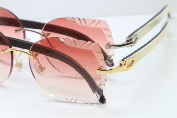 Cartier Rimless Carved Lens Original White Inside Black Buffalo Horn 8200762A Sunglasses in Silver Pink Lens New