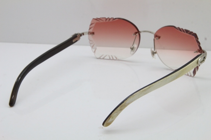 Cartier Rimless Carved Lens Original White Inside Black Buffalo Horn 8200762A Sunglasses in Silver Pink Lens New