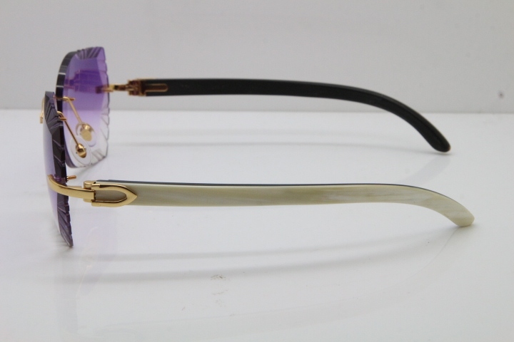 Cartier Rimless Carved Lens Original White Inside Black Buffalo Horn 8200762A Sunglasses in Silver Purple Lens New