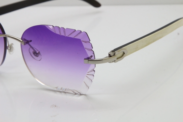 Cartier Rimless Carved Lens Original White Inside Black Buffalo Horn 8200762A Sunglasses in Silver Purple Lens New