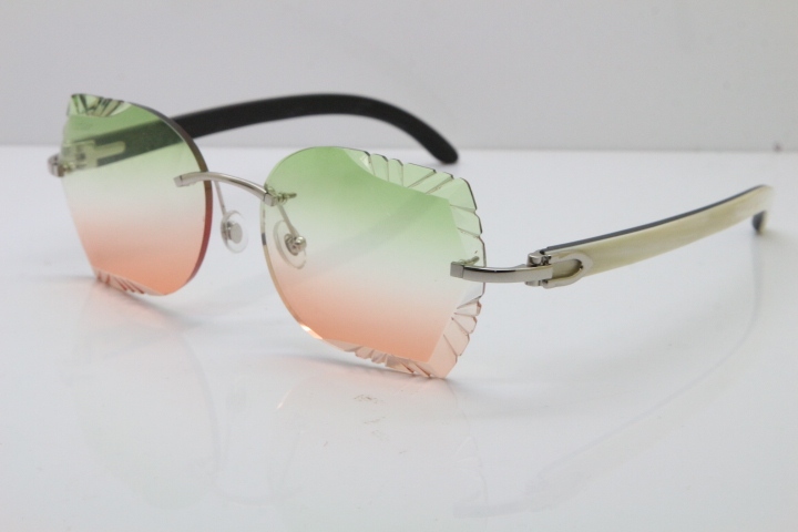 Cartier Rimless Carved Lens Original White Inside Black Buffalo Horn 8200762A Sunglasses in Silver Green Mix Brown Lens New