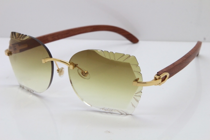 Cartier Rimless Carved Lens Original Wood 8200762A Sunglasses in Gold Brown Lens New