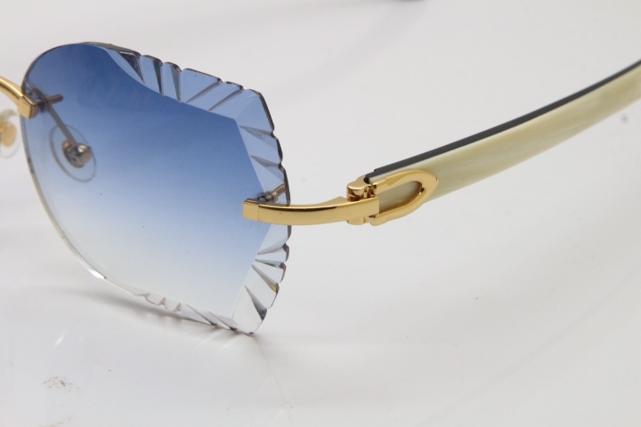 Cartier Rimless Carved Lens Original White Inside Black Buffalo Horn 8200762A Sunglasses in Gold Blue Lens New