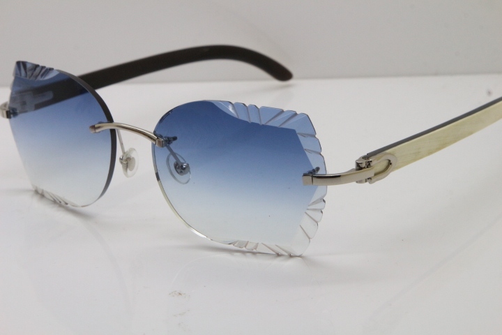 Cartier Rimless Carved Lens Original White Inside Black Buffalo Horn 8200762A Sunglasses in Gold Blue Lens New